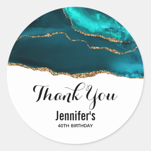 Modern Stylish Teal Agate  Gold Ribbon Birthday Classic Round Sticker