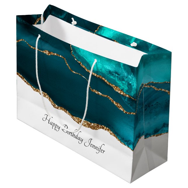 Modern Stylish Teal Agate & Gold Ribbon Birthday Large Gift Bag (Front Angled)