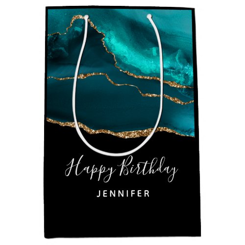 Modern Stylish Teal Agate  Gold Ribbon Birthday Medium Gift Bag