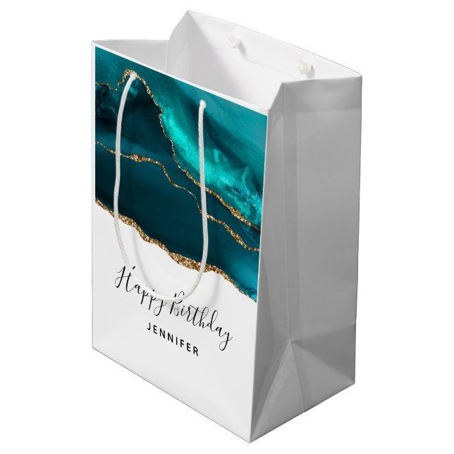 Modern Stylish Teal Agate & Gold Ribbon Birthday Medium Gift Bag (Back Angled)