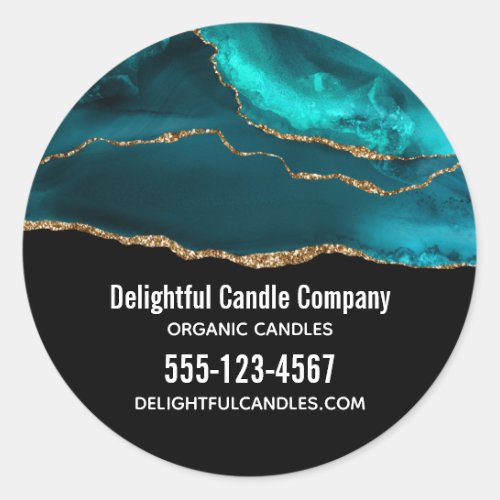 Modern Stylish Teal Agate  Gold Ribbon Business Classic Round Sticker