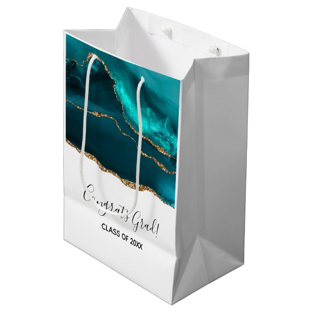 Modern Stylish Teal Agate & Gold Ribbon Graduation Medium Gift Bag (Front Angled)