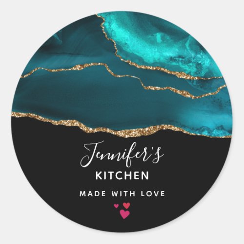 Modern Stylish Teal Agate  Gold Ribbon Kitchen Classic Round Sticker