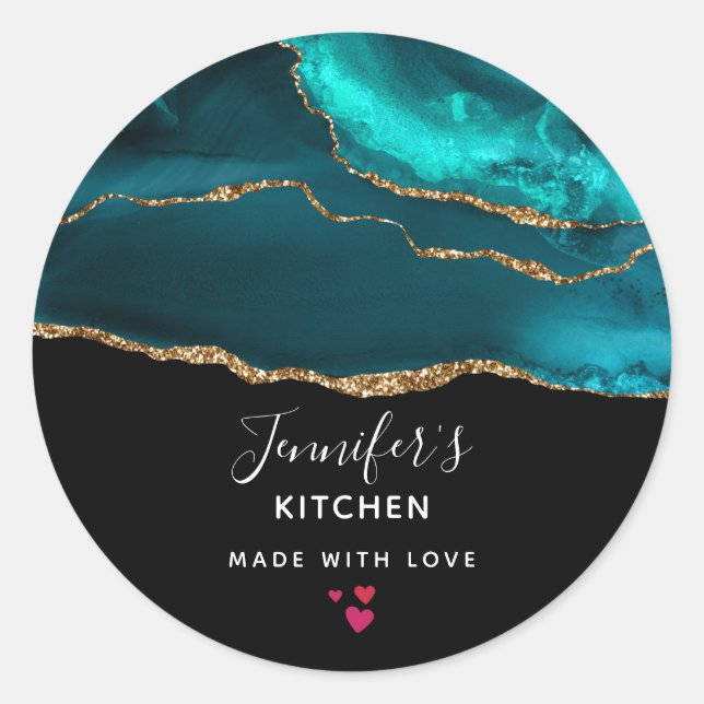 Modern Stylish Teal Agate & Gold Ribbon Kitchen Classic Round Sticker (Front)