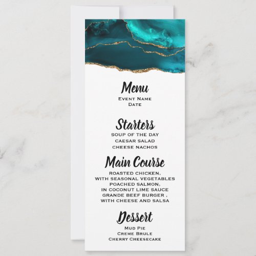 Modern Stylish Teal Agate  Gold Ribbon Menu Invitation