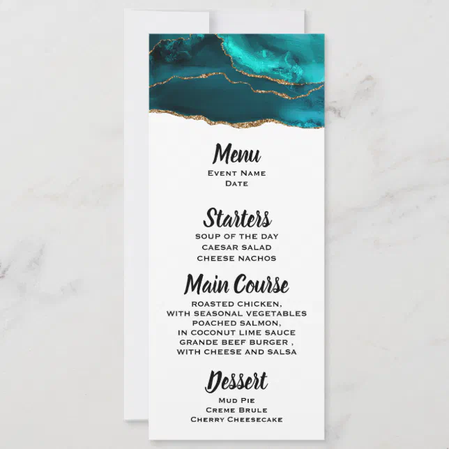 Modern Stylish Teal Agate & Gold Ribbon Menu Invitation Zazzle
