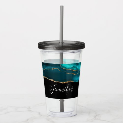 Modern Stylish Teal Agate  Gold Ribbon on Black Acrylic Tumbler