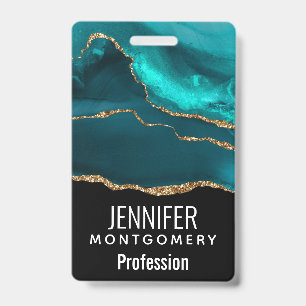 Modern Stylish Teal Agate & Gold Ribbon on Black Badge