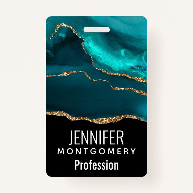 Modern Stylish Teal Agate & Gold Ribbon on Black Badge (Front)