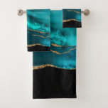 Modern Stylish Teal Agate &amp; Gold Ribbon On Black Bath Towel Set at Zazzle