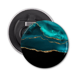 Modern Stylish Teal Agate & Gold Ribbon on Black Bottle Opener