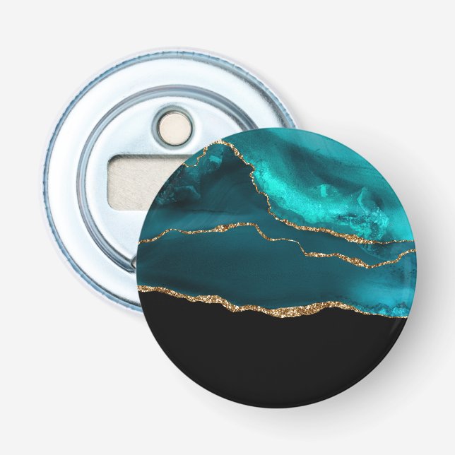 Modern Stylish Teal Agate & Gold Ribbon on Black Bottle Opener (Front)
