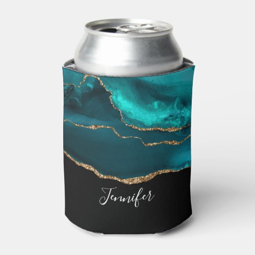 Modern Stylish Teal Agate  Gold Ribbon on Black Can Cooler