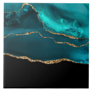 Modern Stylish Teal Agate & Gold Ribbon on Black Ceramic Tile