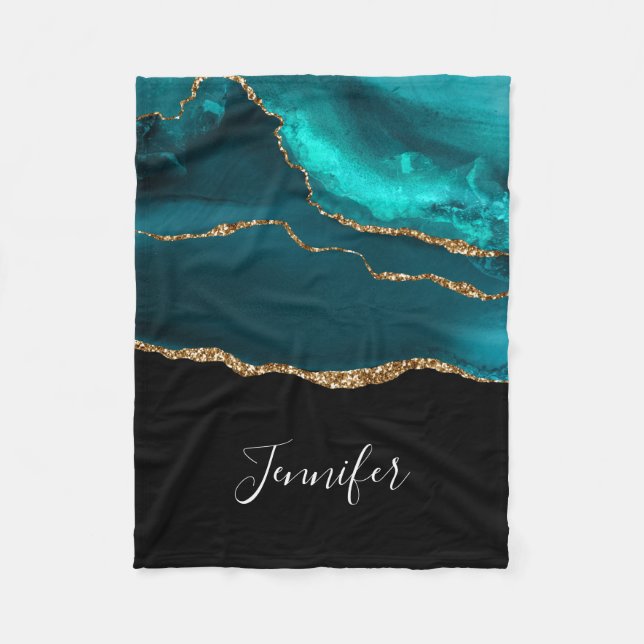 Modern Stylish Teal Agate & Gold Ribbon on Black Fleece Blanket (Front)