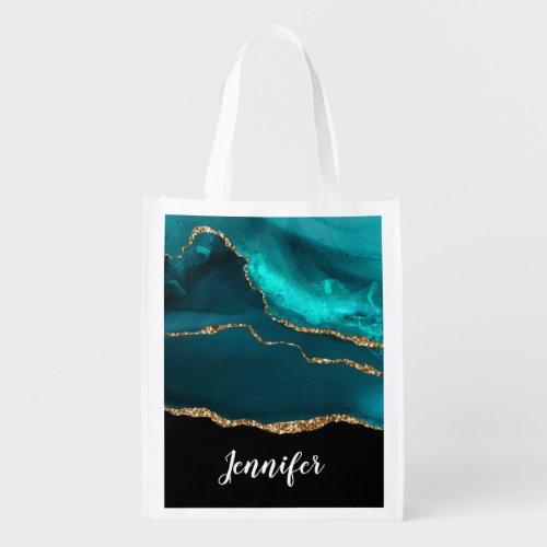 Modern Stylish Teal Agate  Gold Ribbon on Black Grocery Bag