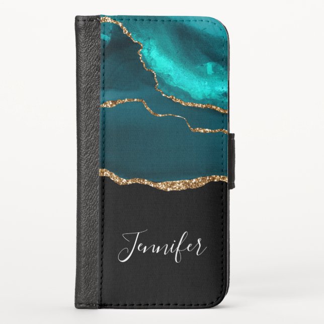 Modern Stylish Teal Agate & Gold Ribbon on Black iPhone Wallet Case (Front)