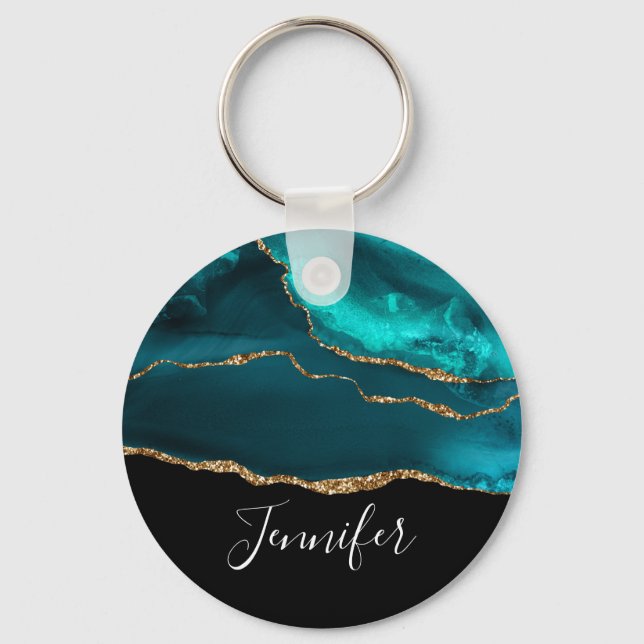 Modern Stylish Teal Agate & Gold Ribbon on Black Keychain (Front)