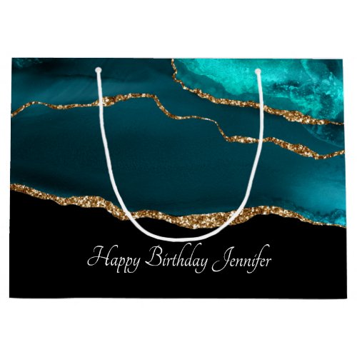 Modern Stylish Teal Agate  Gold Ribbon on Black Large Gift Bag