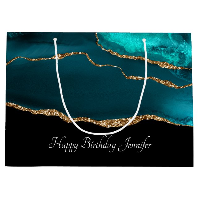 Modern Stylish Teal Agate & Gold Ribbon on Black Large Gift Bag (Front)
