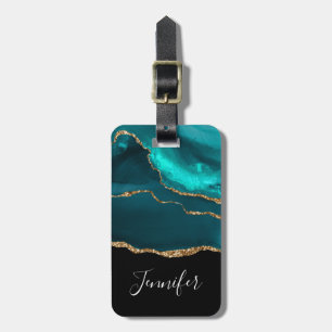 Modern Stylish Teal Agate & Gold Ribbon on Black Luggage Tag