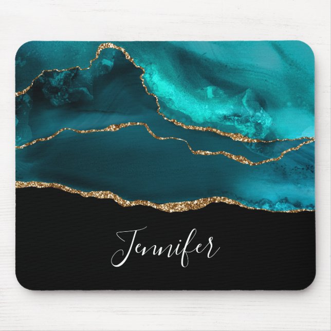 Modern Stylish Teal Agate & Gold Ribbon on Black Mouse Pad (Front)