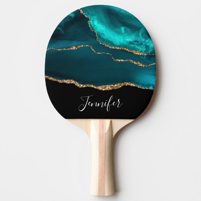 Modern Stylish Teal Agate & Gold Ribbon on Black Ping Pong Paddle (Front)
