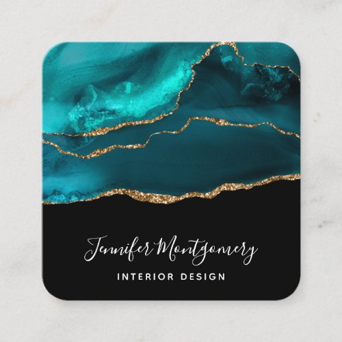 Modern Stylish Teal Agate  Gold Ribbon on Black Square Business Card