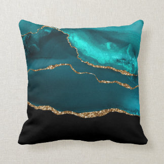 Modern Stylish Teal Agate & Gold Ribbon on Black Throw Pillow