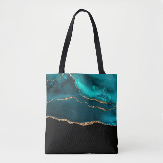 Modern Stylish Teal Agate & Gold Ribbon on Black Tote Bag (Front)
