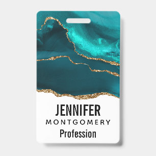 Modern Stylish Teal Agate & Gold Ribbon on White Badge