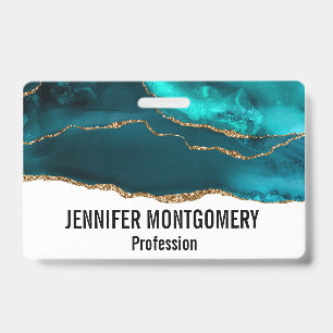 Modern Stylish Teal Agate & Gold Ribbon on White Badge