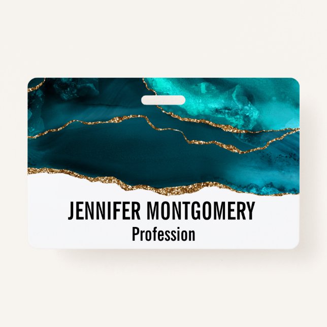 Modern Stylish Teal Agate & Gold Ribbon on White Badge (Front)