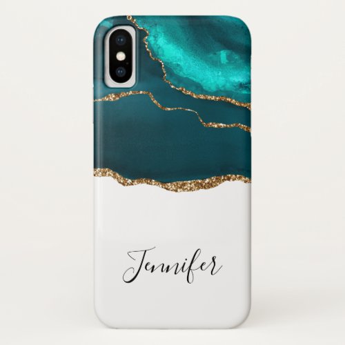 Modern Stylish Teal Agate  Gold Ribbon on White iPhone X Case