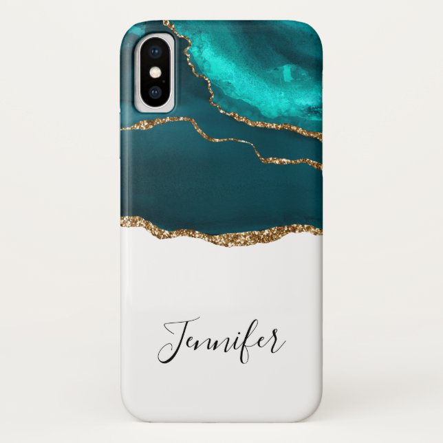 Modern Stylish Teal Agate & Gold Ribbon on White Case-Mate iPhone Case (Back)