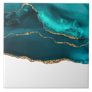 Modern Stylish Teal Agate & Gold Ribbon on White Ceramic Tile