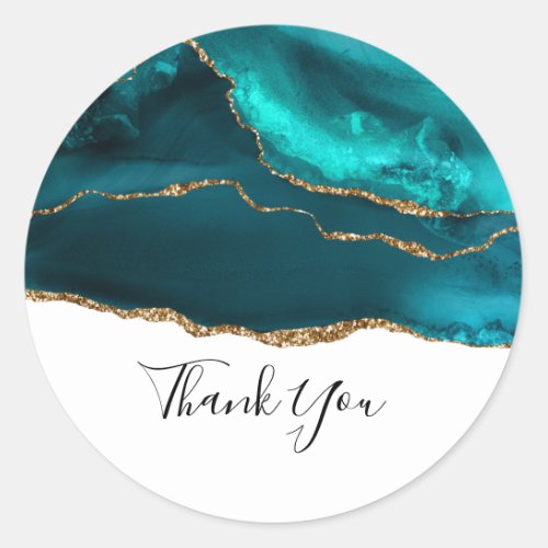 Modern Stylish Teal Agate  Gold Ribbon on White Classic Round Sticker