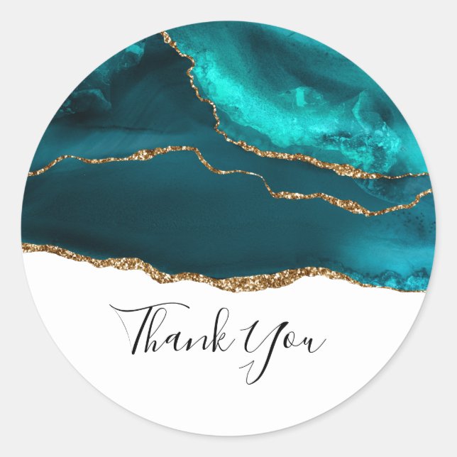 Modern Stylish Teal Agate & Gold Ribbon on White Classic Round Sticker (Front)