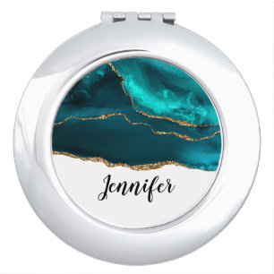 Modern Stylish Teal Agate & Gold Ribbon on White Compact Mirror