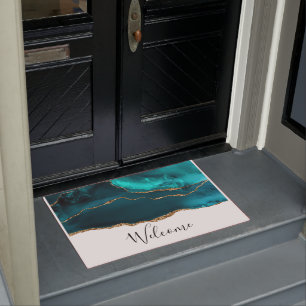 Modern Stylish Teal Agate & Gold Ribbon on White Doormat