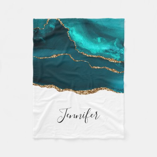 Modern Stylish Teal Agate  Gold Ribbon on White Fleece Blanket