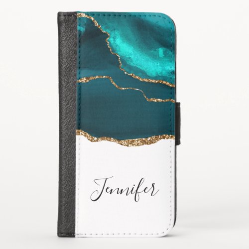 Modern Stylish Teal Agate  Gold Ribbon on White iPhone X Wallet Case