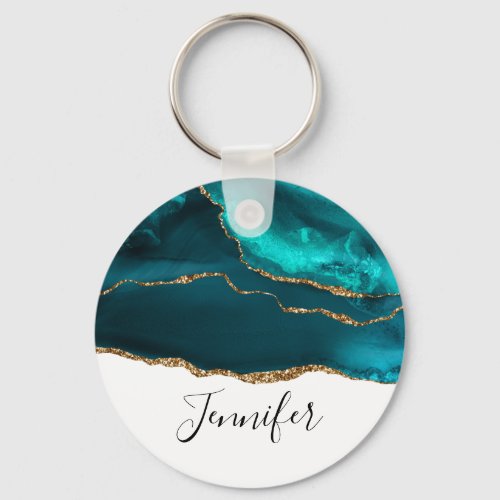 Modern Stylish Teal Agate  Gold Ribbon on White Keychain