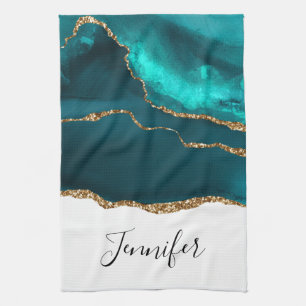 Modern Stylish Teal Agate & Gold Ribbon on White Kitchen Towel