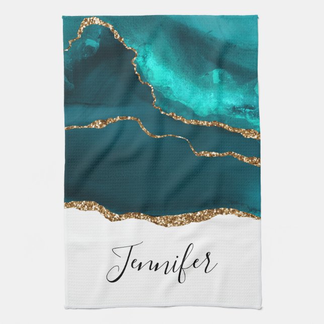 Modern Stylish Teal Agate & Gold Ribbon on White Kitchen Towel (Vertical)