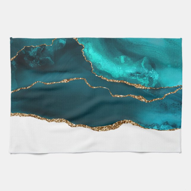 Modern Stylish Teal Agate & Gold Ribbon on White Kitchen Towel (Horizontal)