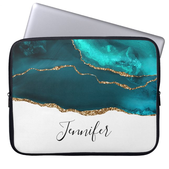 Modern Stylish Teal Agate & Gold Ribbon on White Laptop Sleeve (Front)