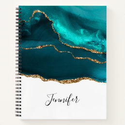 Modern Stylish Teal Agate &amp; Gold Ribbon on White Notebook