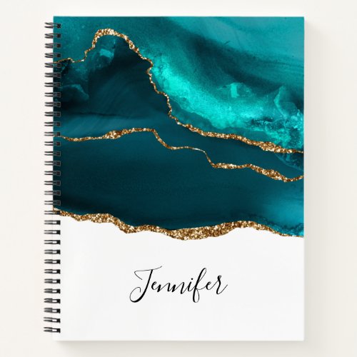 Modern Stylish Teal Agate  Gold Ribbon on White Notebook