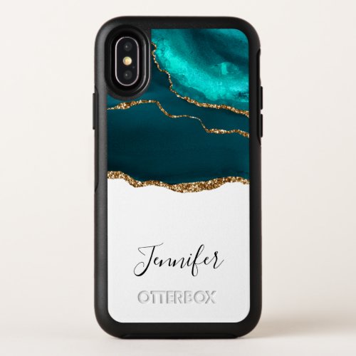 Modern Stylish Teal Agate  Gold Ribbon on White OtterBox Symmetry iPhone X Case